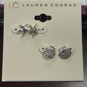 Lauren Conrad 2 Pack silvertone Star & Shell Stud earrings NEW ON CARD